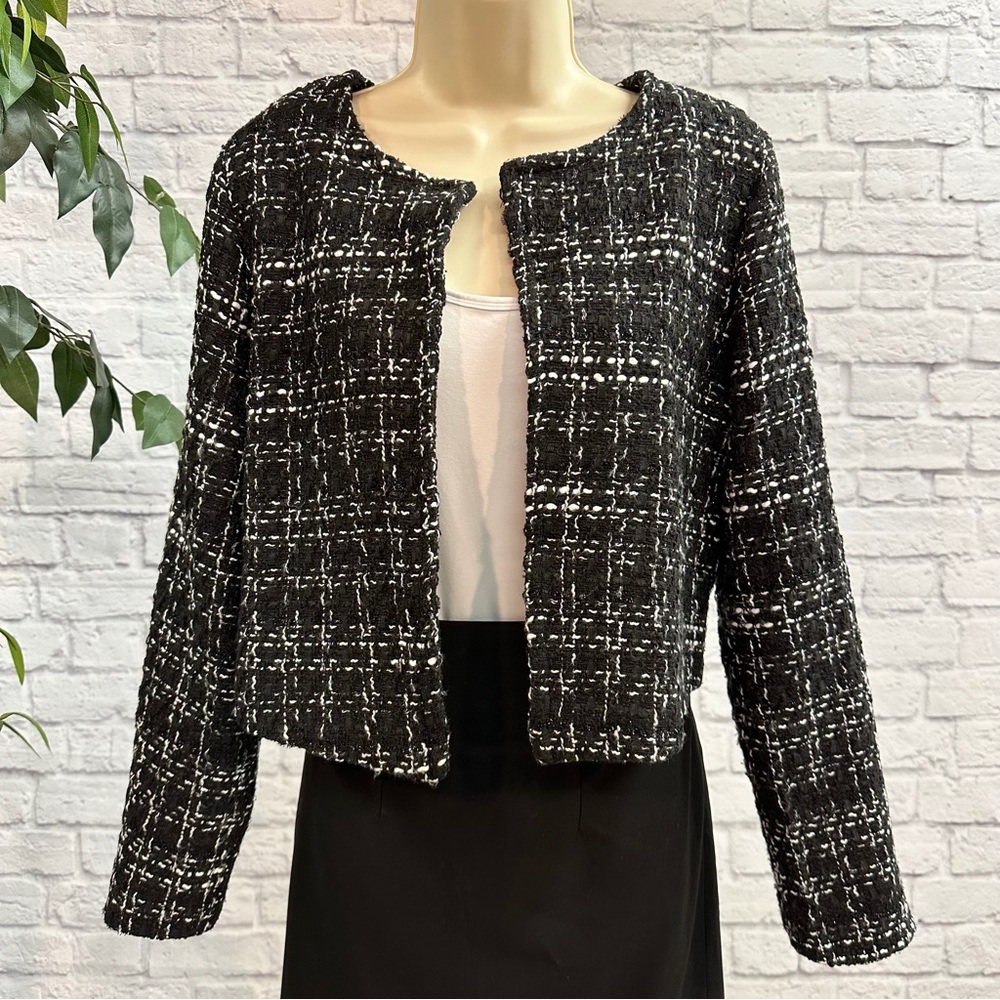SHEIN Black Tweed Cropped Open Front Jacket – Size Small